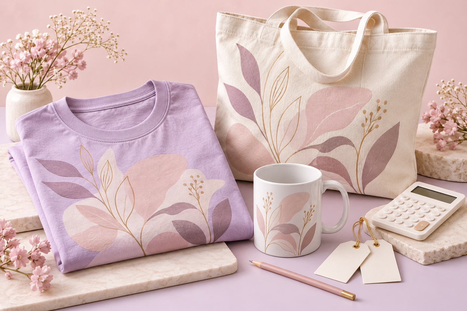 Pastel print-on-demand shirt, tote and mug with a calculator and pricing tags